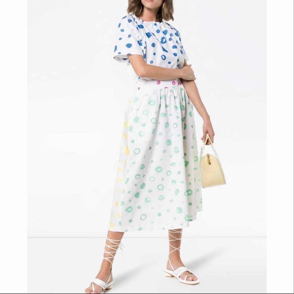 Mira Mikati Dot Print Flared Open Back Midi Dress
